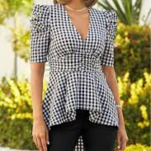 Boston Proper Gingham High Low Knit Top ** SZ 8 - Picture 1 of 9